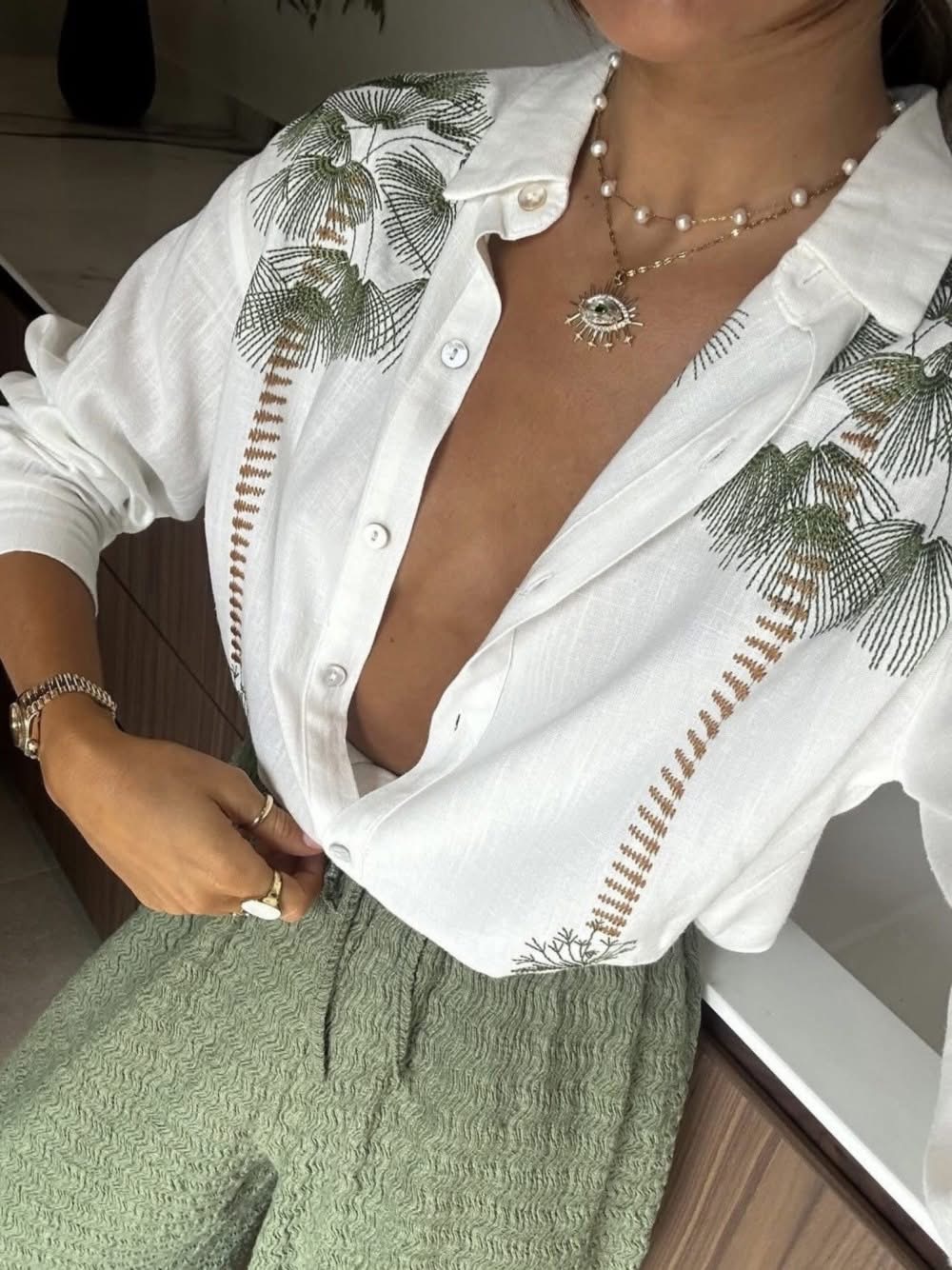 Koszula z domieszką lnu LAURA  z haftem