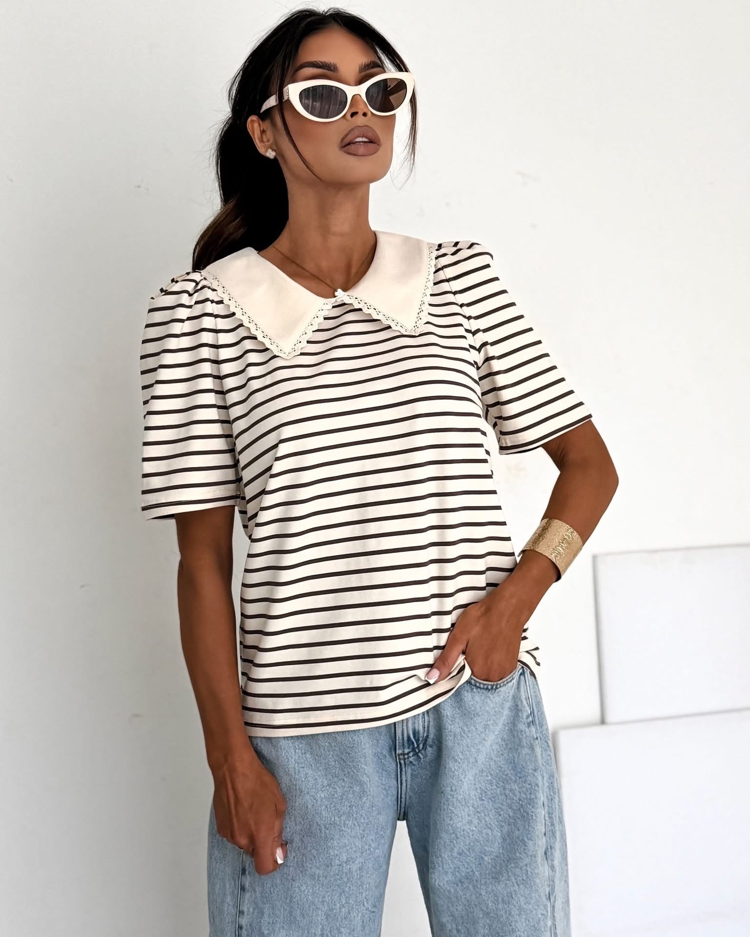 T-shirt z kołnierzykiem SELFIE cream butter