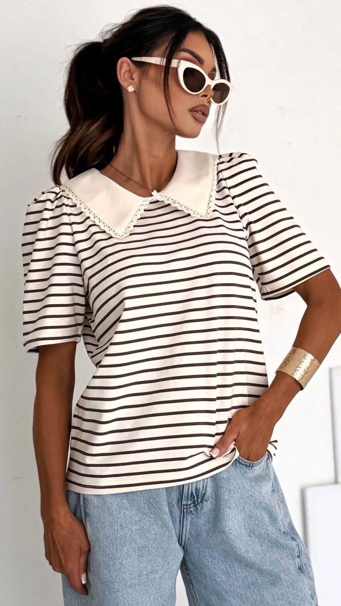 T-shirt z kołnierzykiem SELFIE cream butter