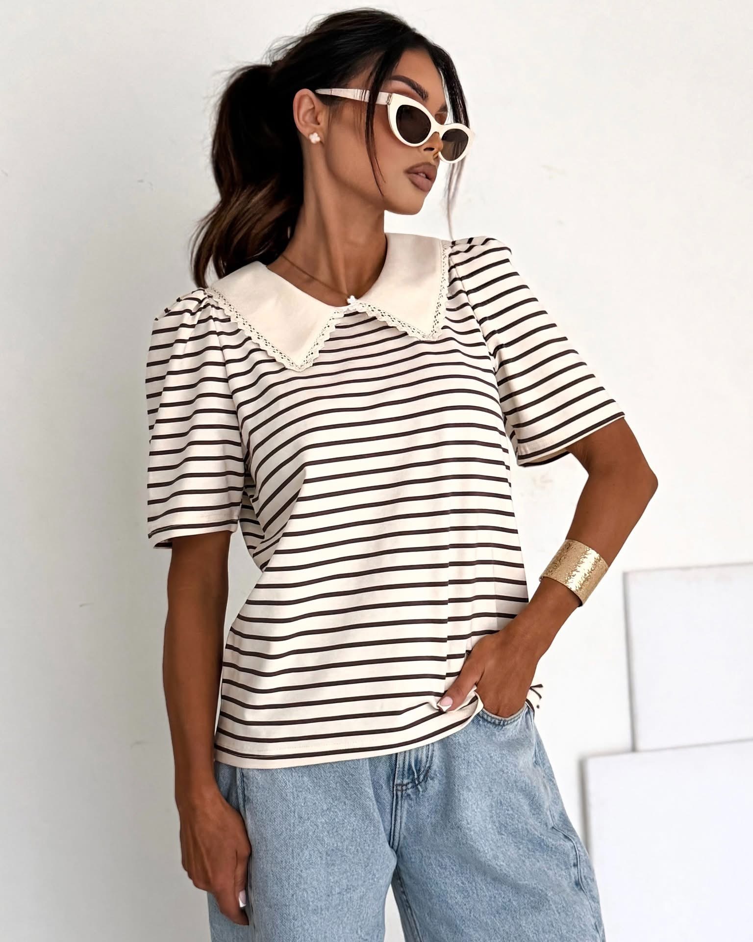 T-shirt z kołnierzykiem SELFIE cream butter