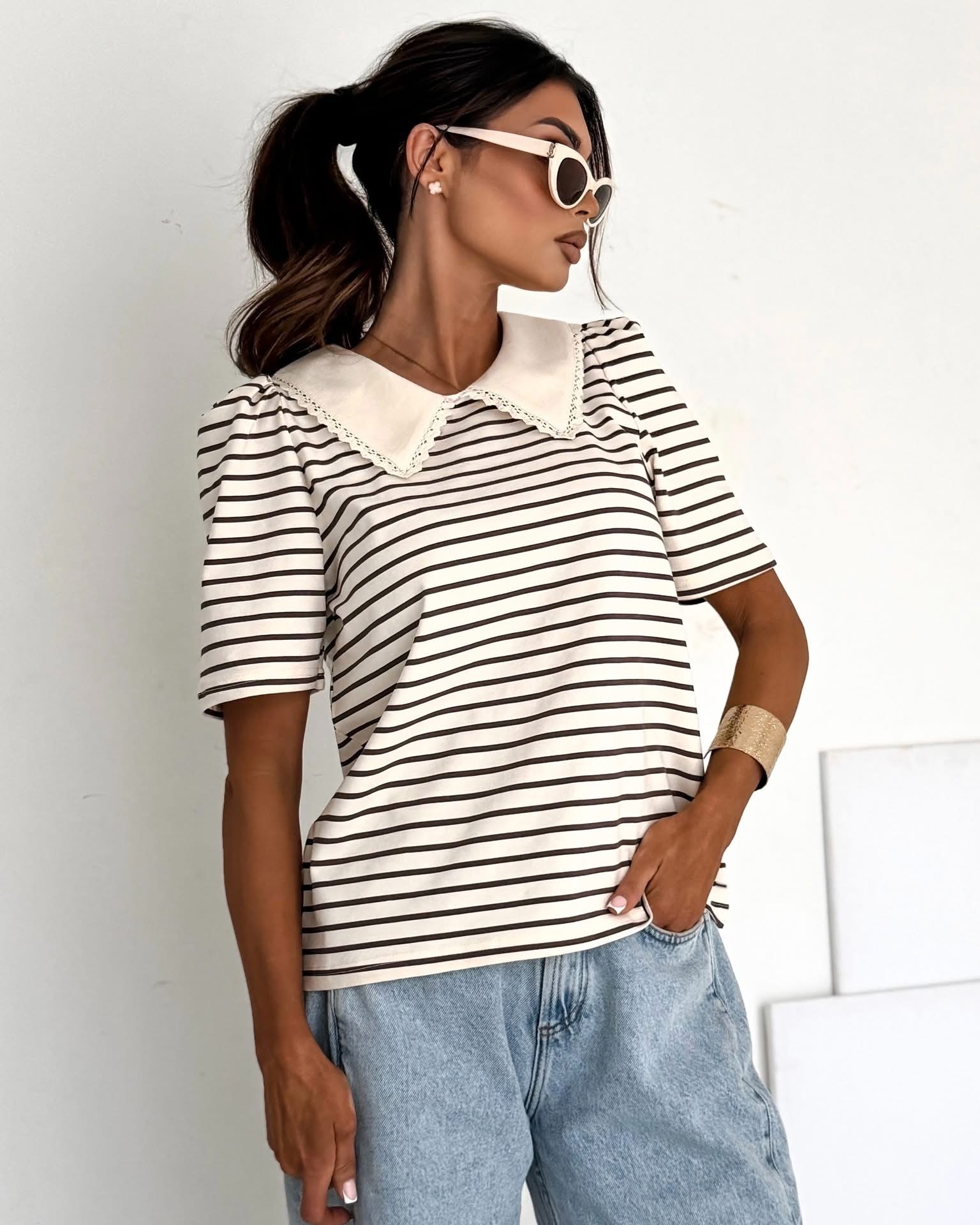 T-shirt z kołnierzykiem SELFIE cream butter