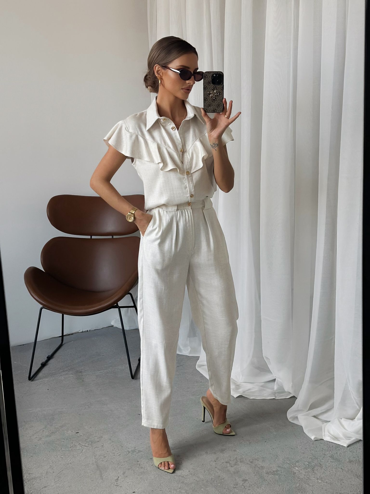 Komplet z domieszką lnu TROPEA jasny beż