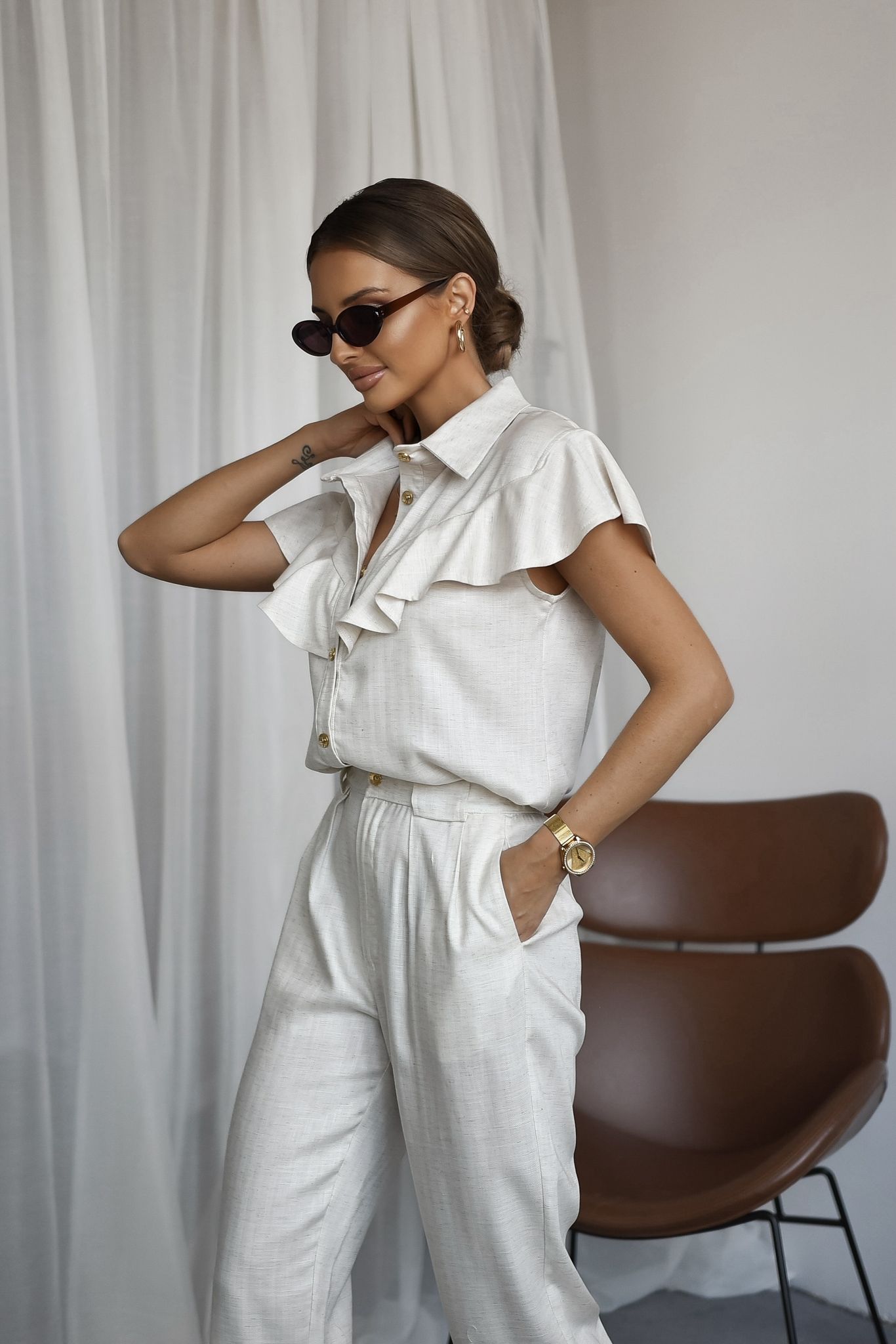 Komplet z domieszką lnu TROPEA jasny beż