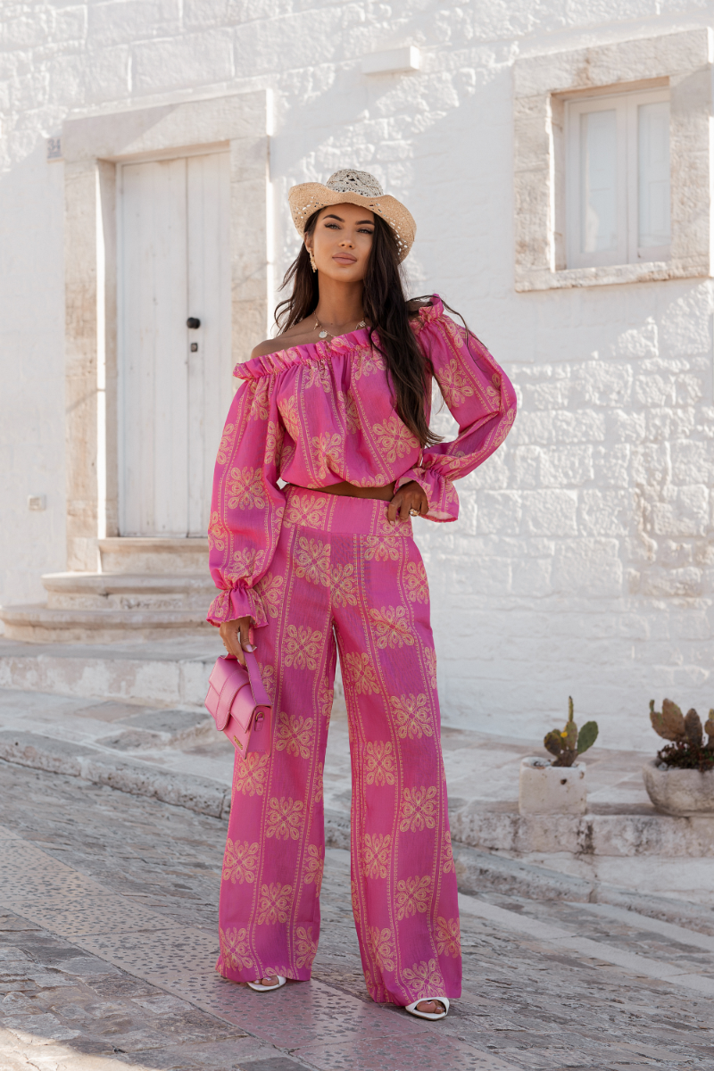 Komplet lniany RIO ricamo pink