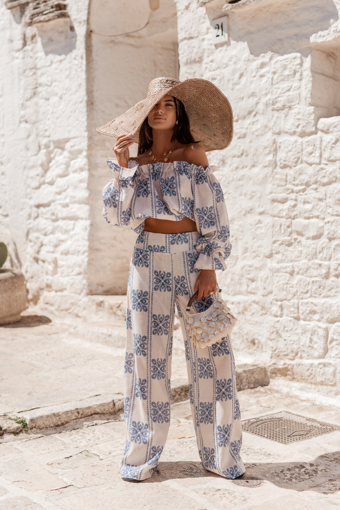 Komplet lniany RIO ricamo blue