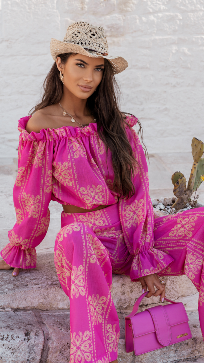 Komplet lniany RIO ricamo pink