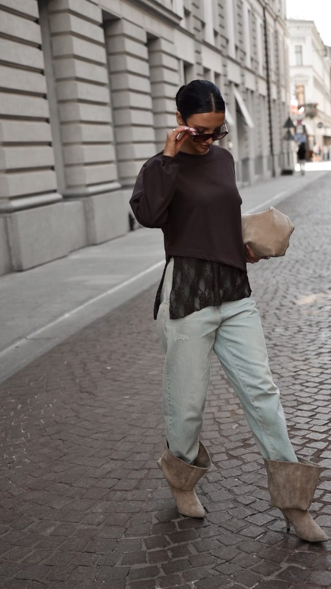 Bluza z koronką ADELA brązowa